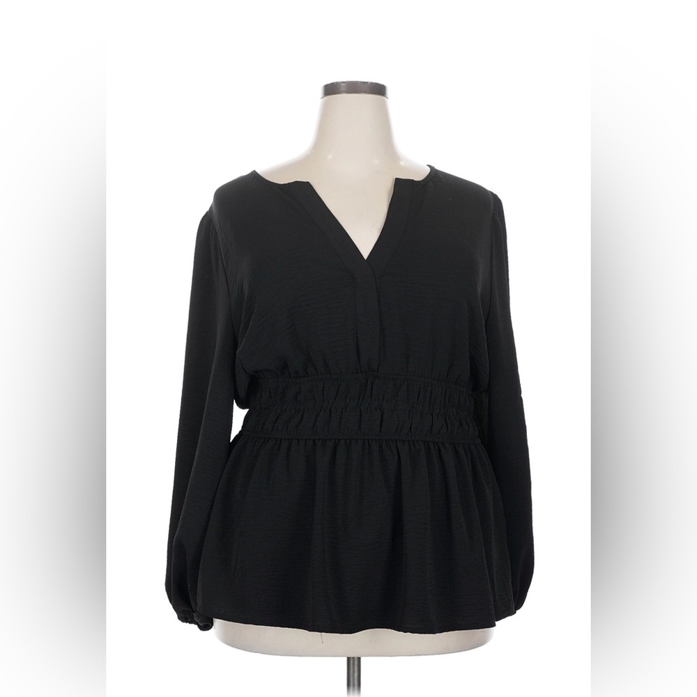 Black Smocked Waist V-Neck Long Sleeve Peplum Top